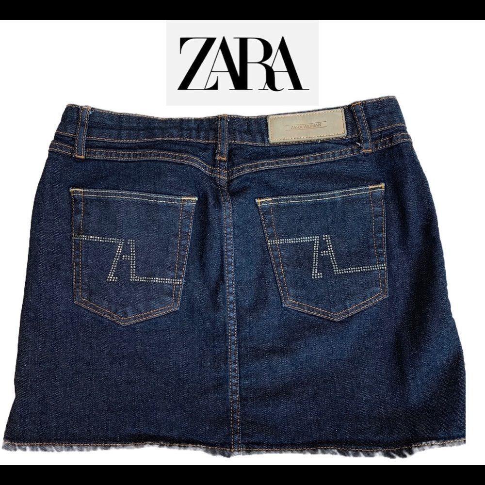 ZARA denim jean mini skirt rhinestone pockets Sz 6 stretchy western stampede